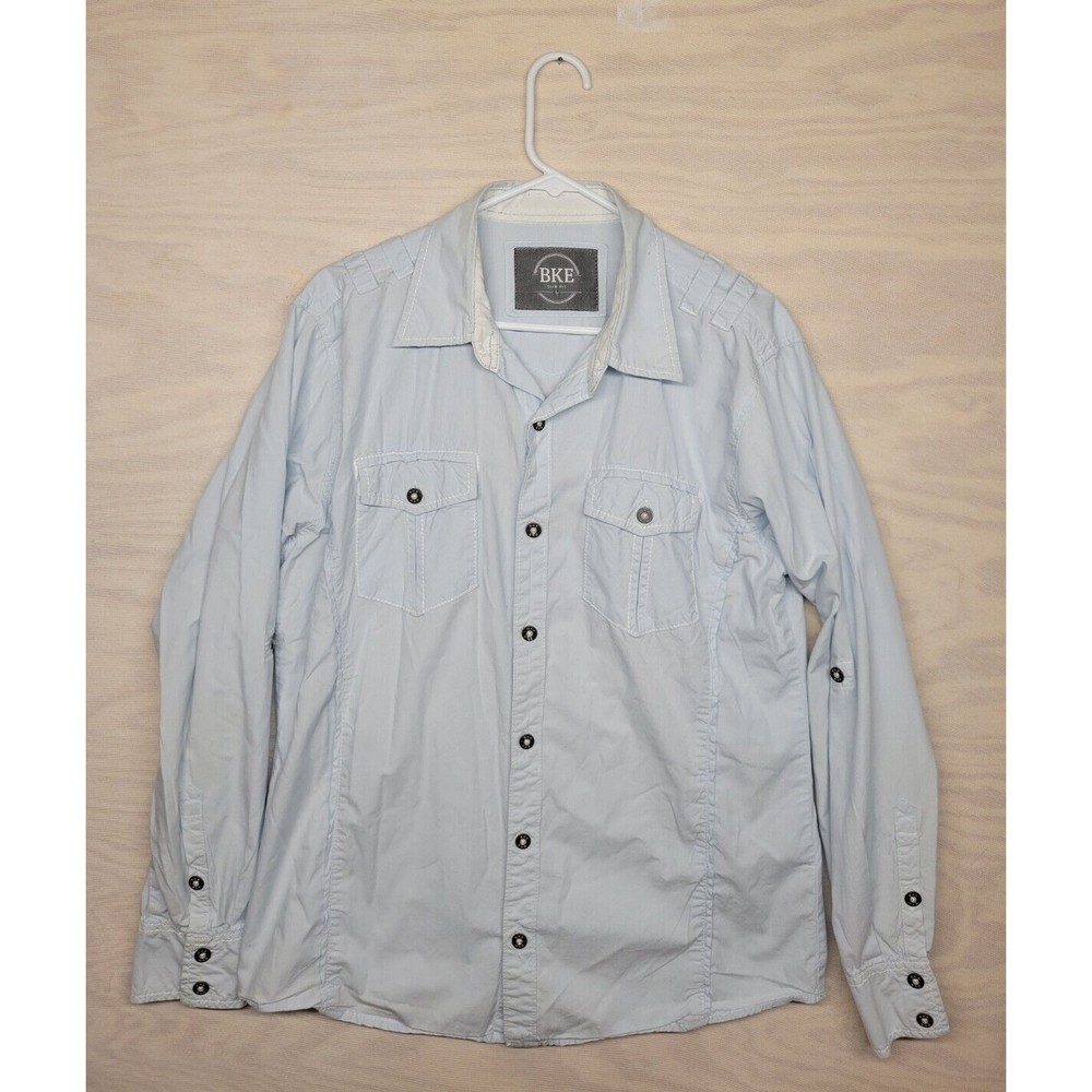 BKE Men's SZ L Button Up Shirt Slim Fit Western Long Sleeve Pockets Blue